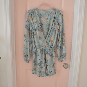 Turquoise Bird and Floral Patterned Long Sleeve Romper